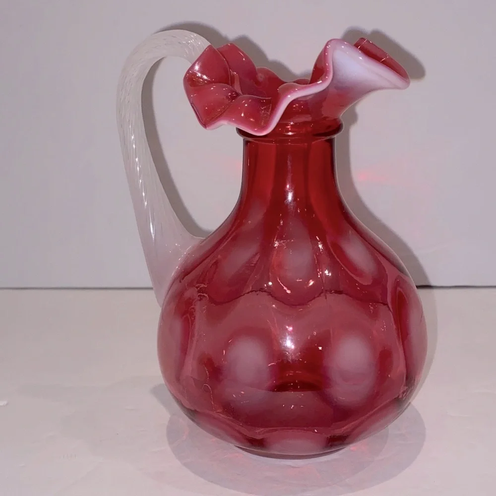 Fenton Cranberry Opalescent Optic Thumbprint Pitcher/Cruet With Applied Handle - Picture 7 of 9